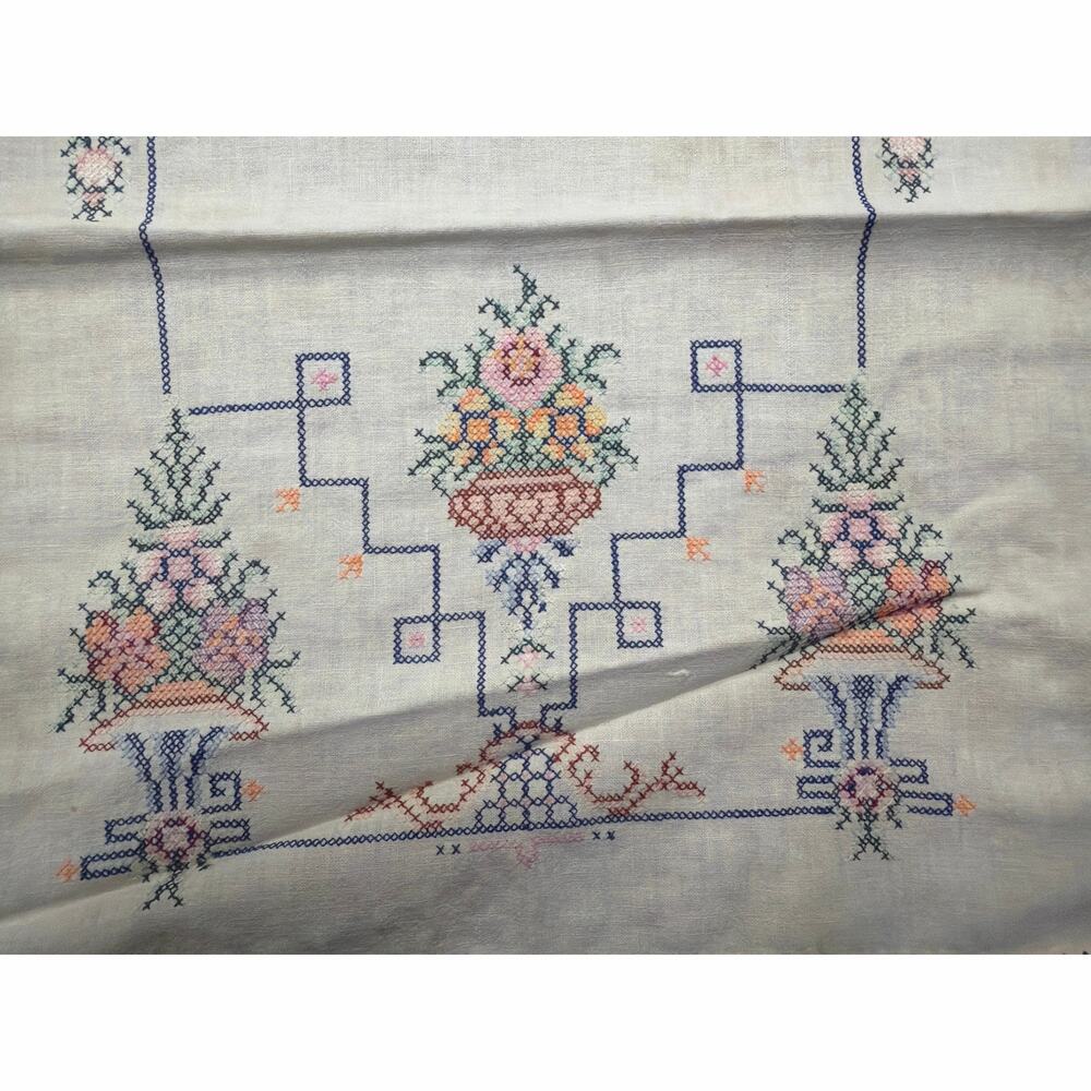 Vtg Embroidered Floral Linen Runner Handmade XStitch Geo Floral Fancy Border